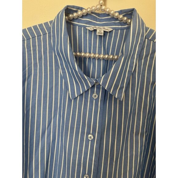 NWT Ophelia Roe Plus Size 3X Blue White Plaid Blouse Puff Sleeves Cotton - Picture 2 of 6